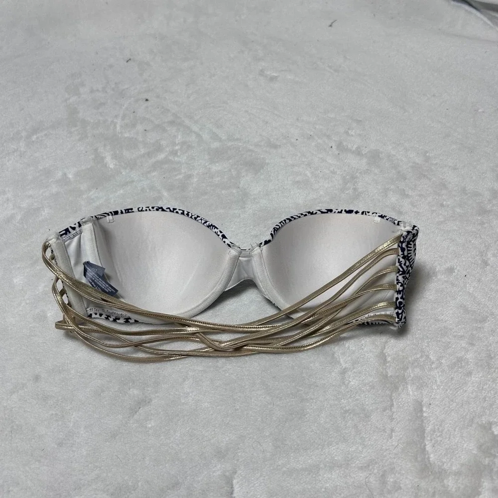 Aerie Bikini Top Women 34C Blue Floral Gold Metallic bandeau‎ Padded